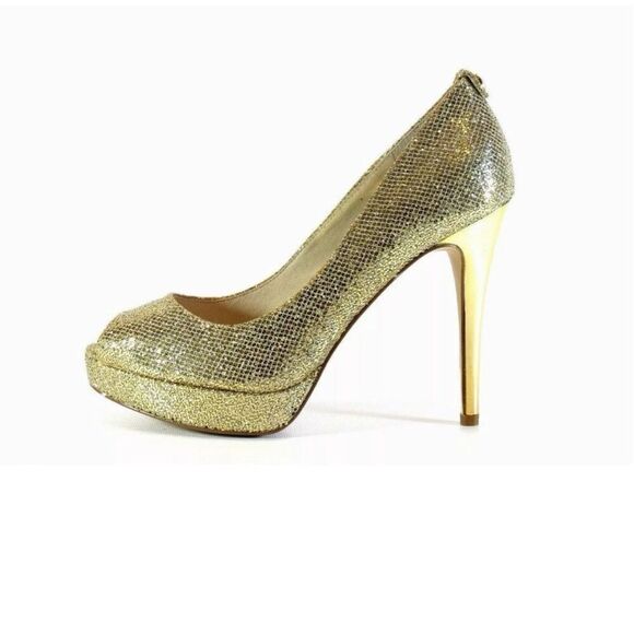 Michael Kors Size 8.5 Gold Sparkle Glitter Platform Peep Toe Pump Heels Bridal - Picture 2 of 16